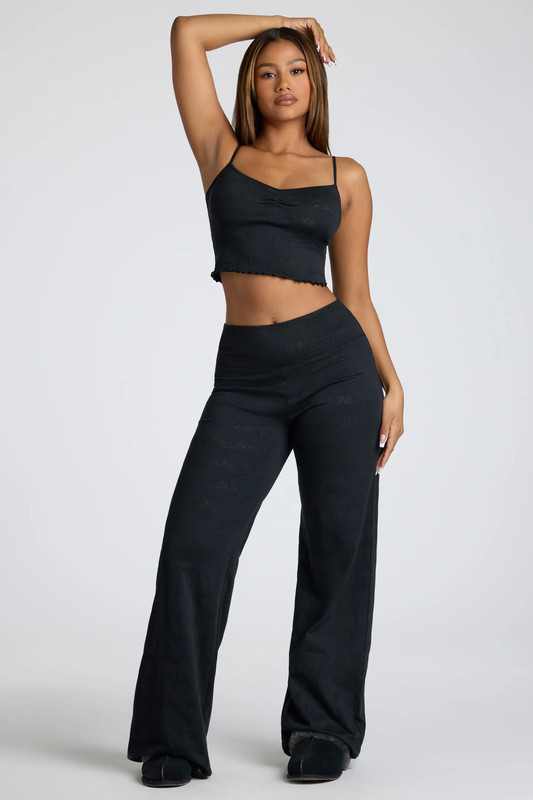 Petite Mid Rise Straight Leg Pointelle Trousers in Black - Size:L